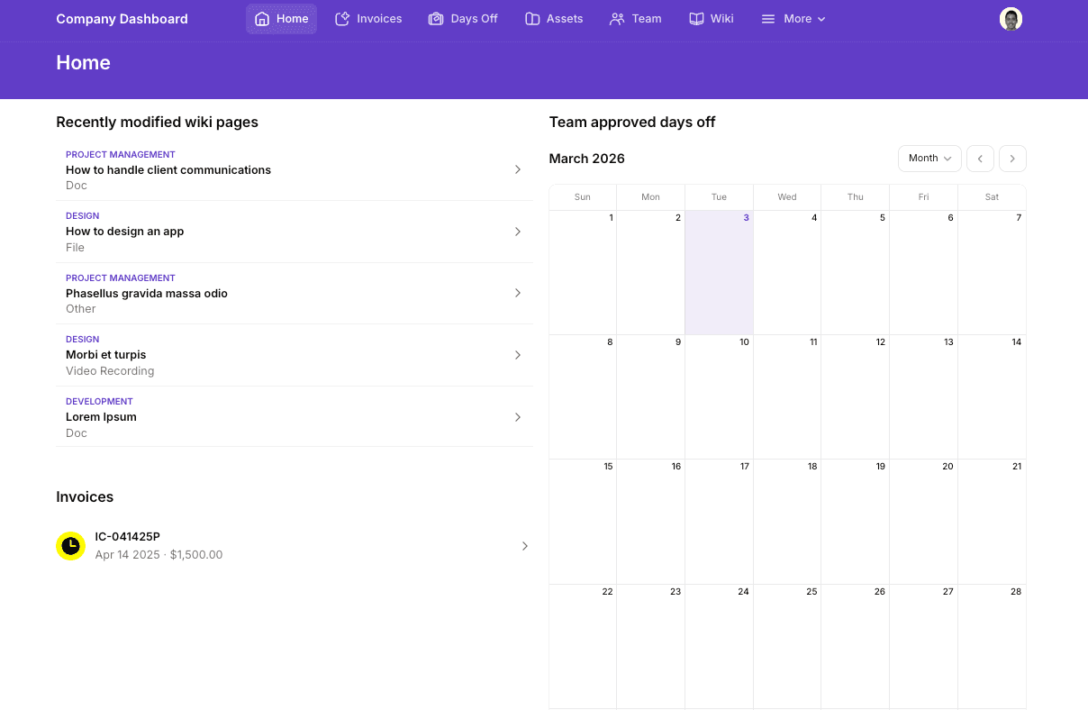 Screenshot of Company Dashboard - Business Operations Glide template