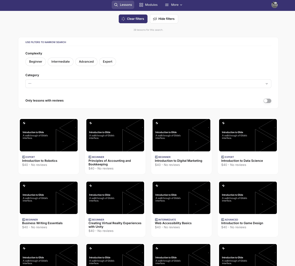Screenshot of Learning Management System (LMS) - Education Glide template